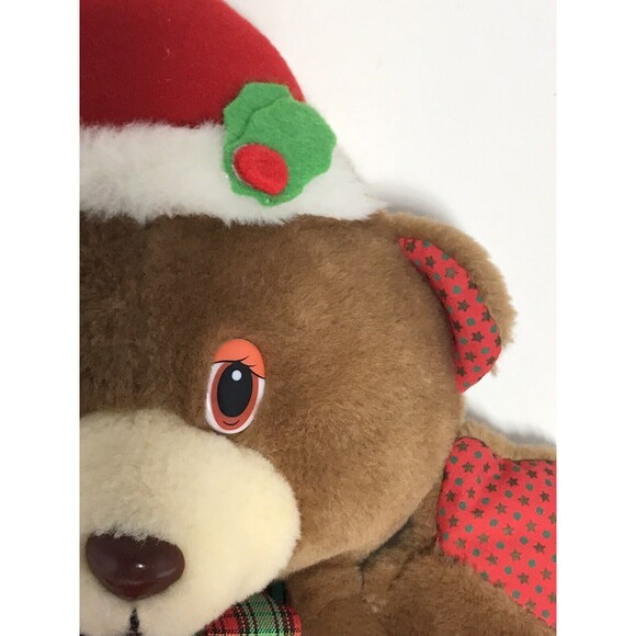 Vintage Christmas Stocking Plush Teddy Bear Tan Brown Red Overalls Santa hat 18" - Picture 5 of 9